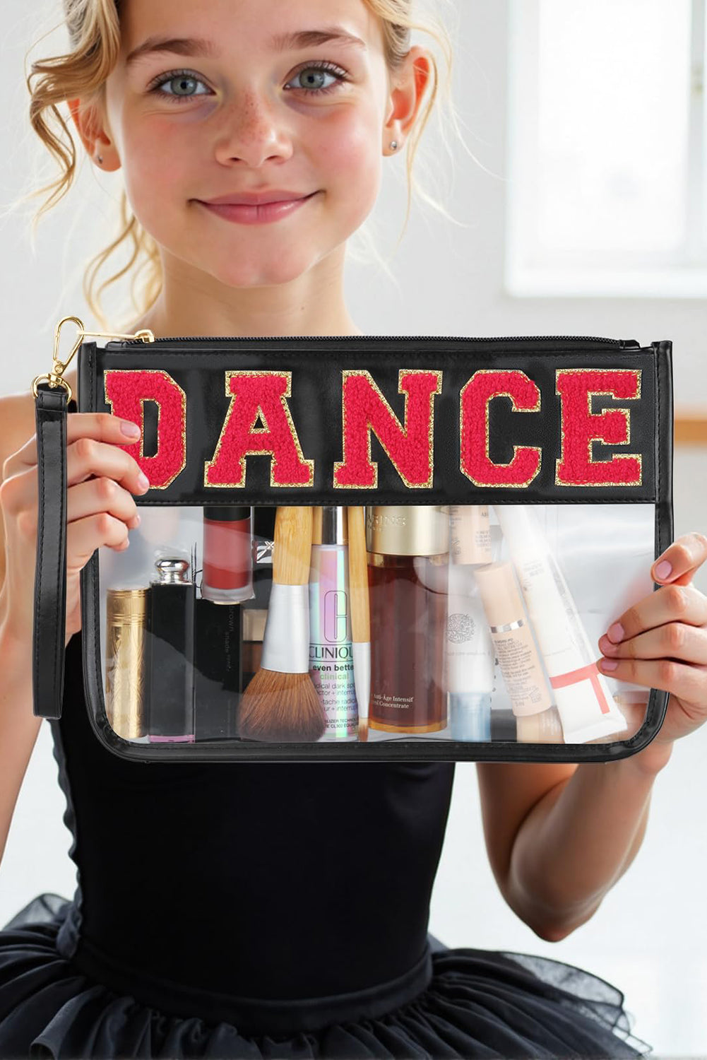 Black Dance Chenille Letter Zipper Varsity Clear Makeup Bag