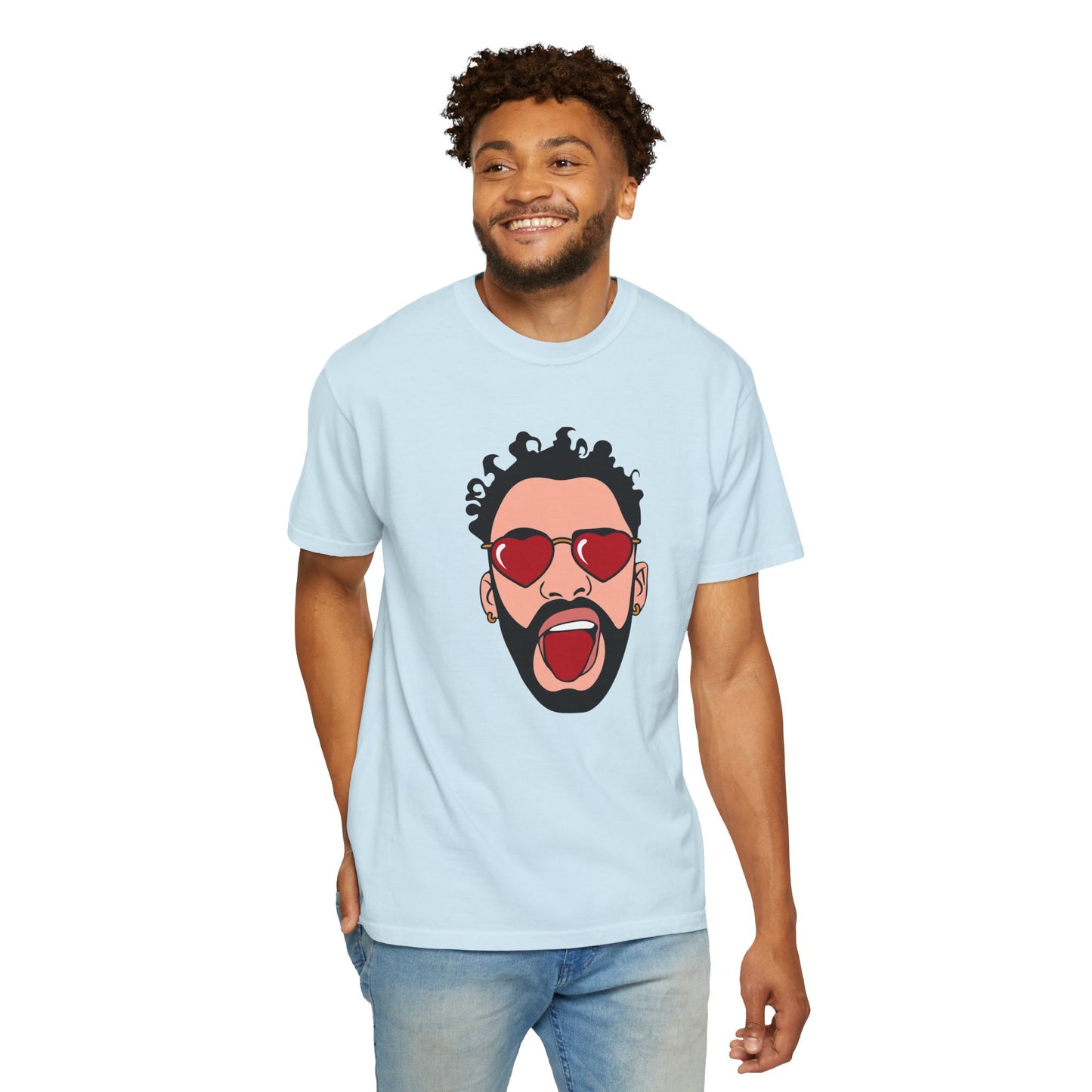 Graphic T-Shirt — Bold Pop Art Face with Heart Sunglasses