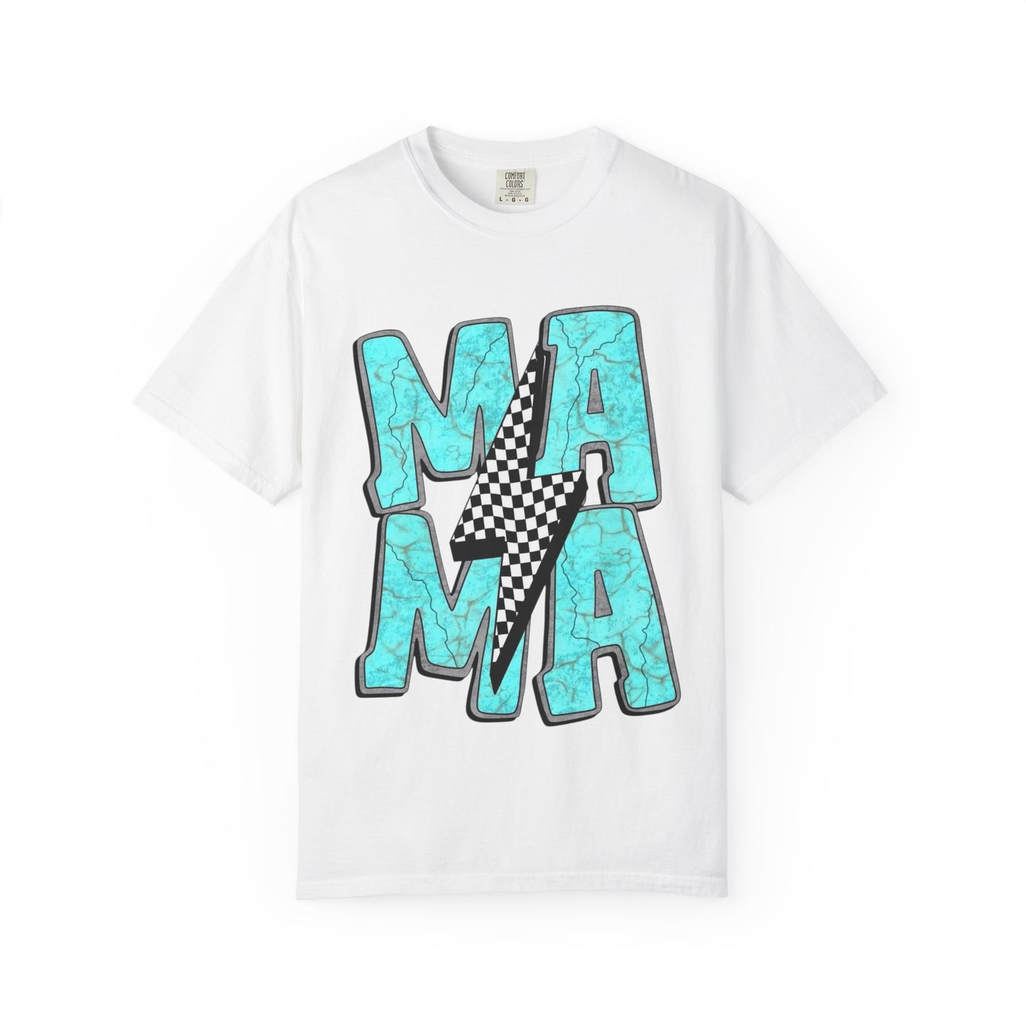 MAMA Lightning Bolt T-Shirt | Checkerboard, Aqua Marble Text