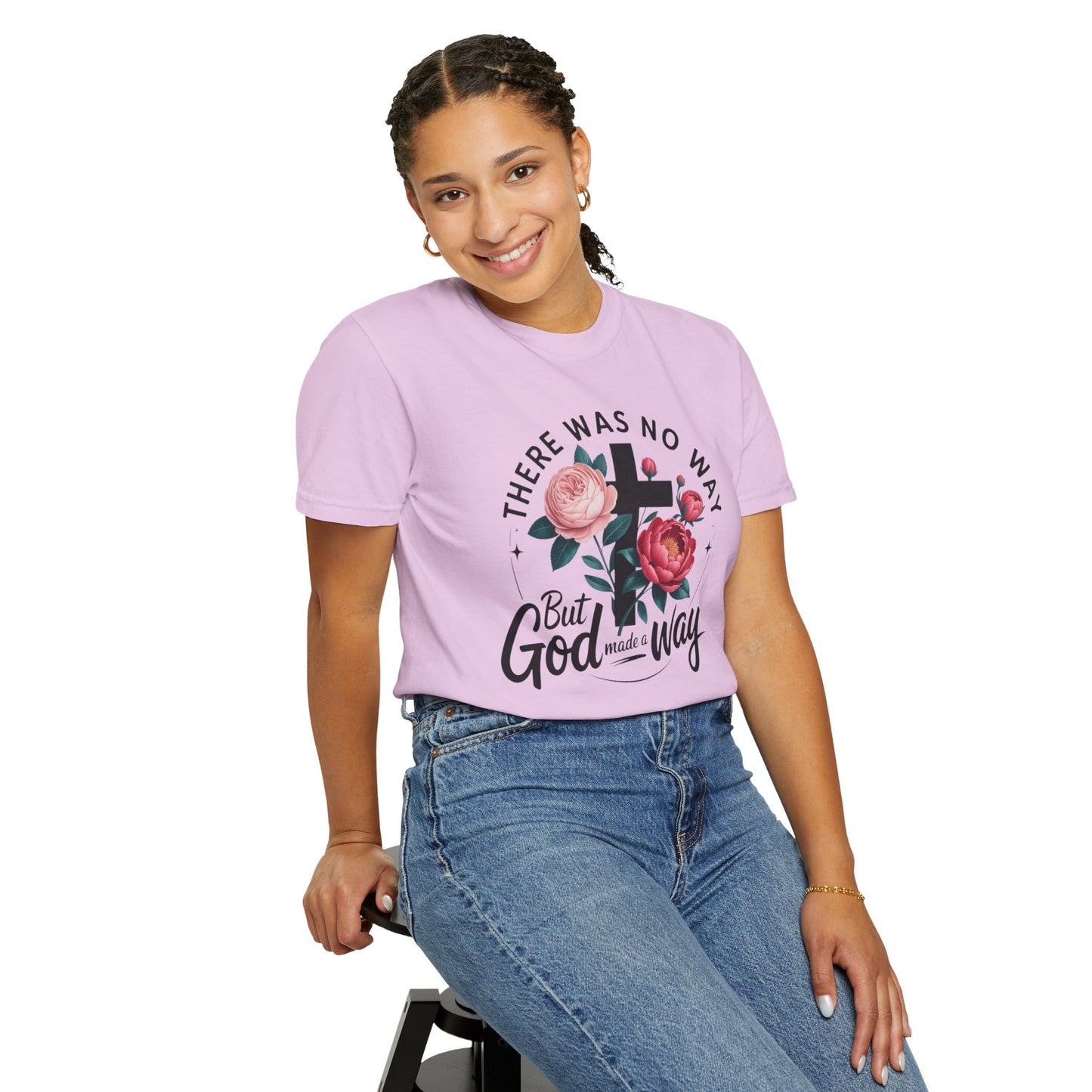 Christian T-Shirt — "There Was No Way But God Made A Way" Floral Cross