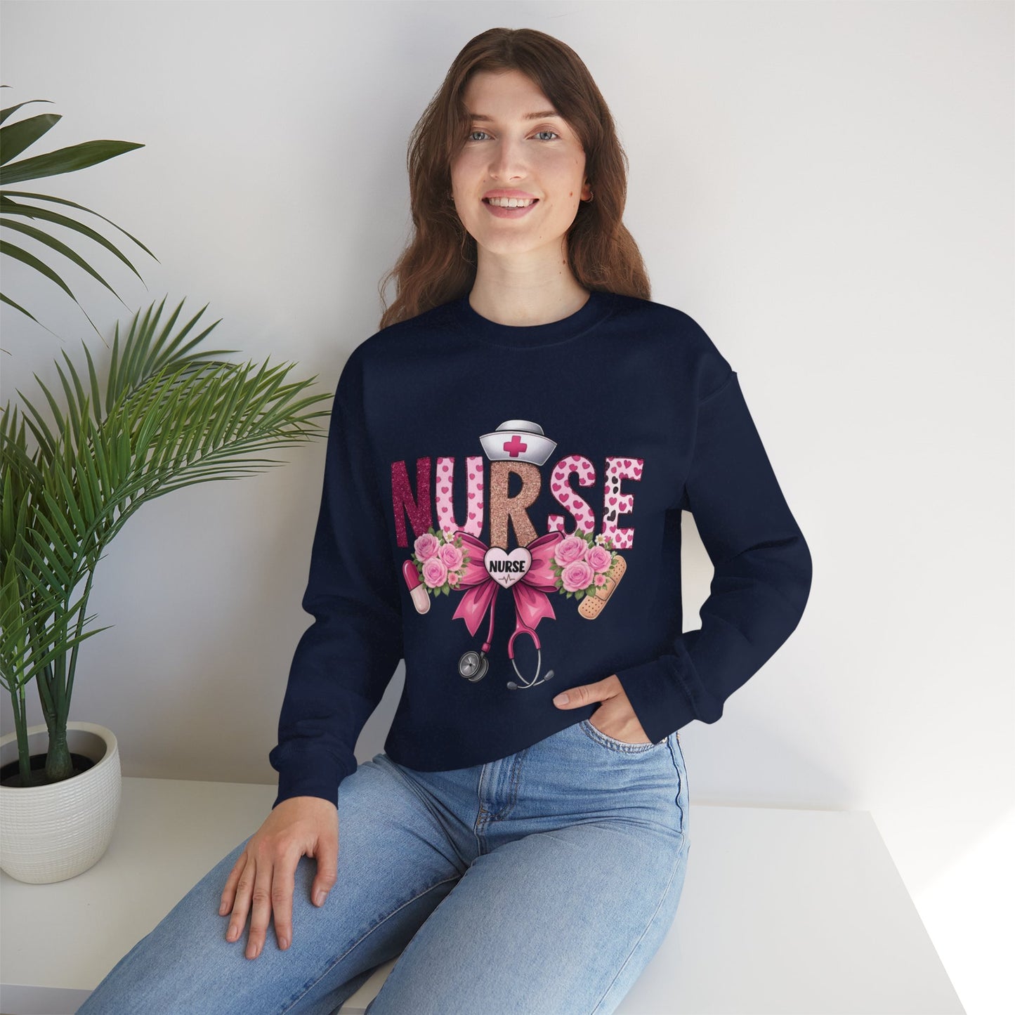 Pink Floral Nurse Crewneck Sweatshirt | Stethoscope, Bandage, Nursing Theme