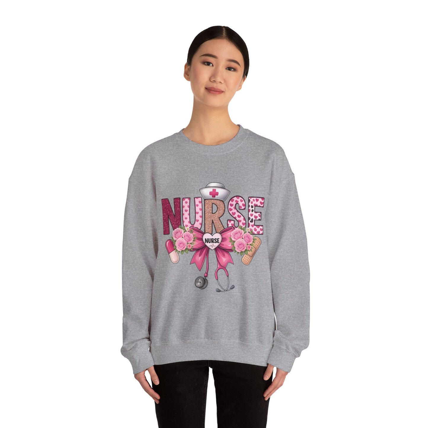 Pink Floral Nurse Crewneck Sweatshirt | Stethoscope, Bandage, Nursing Theme