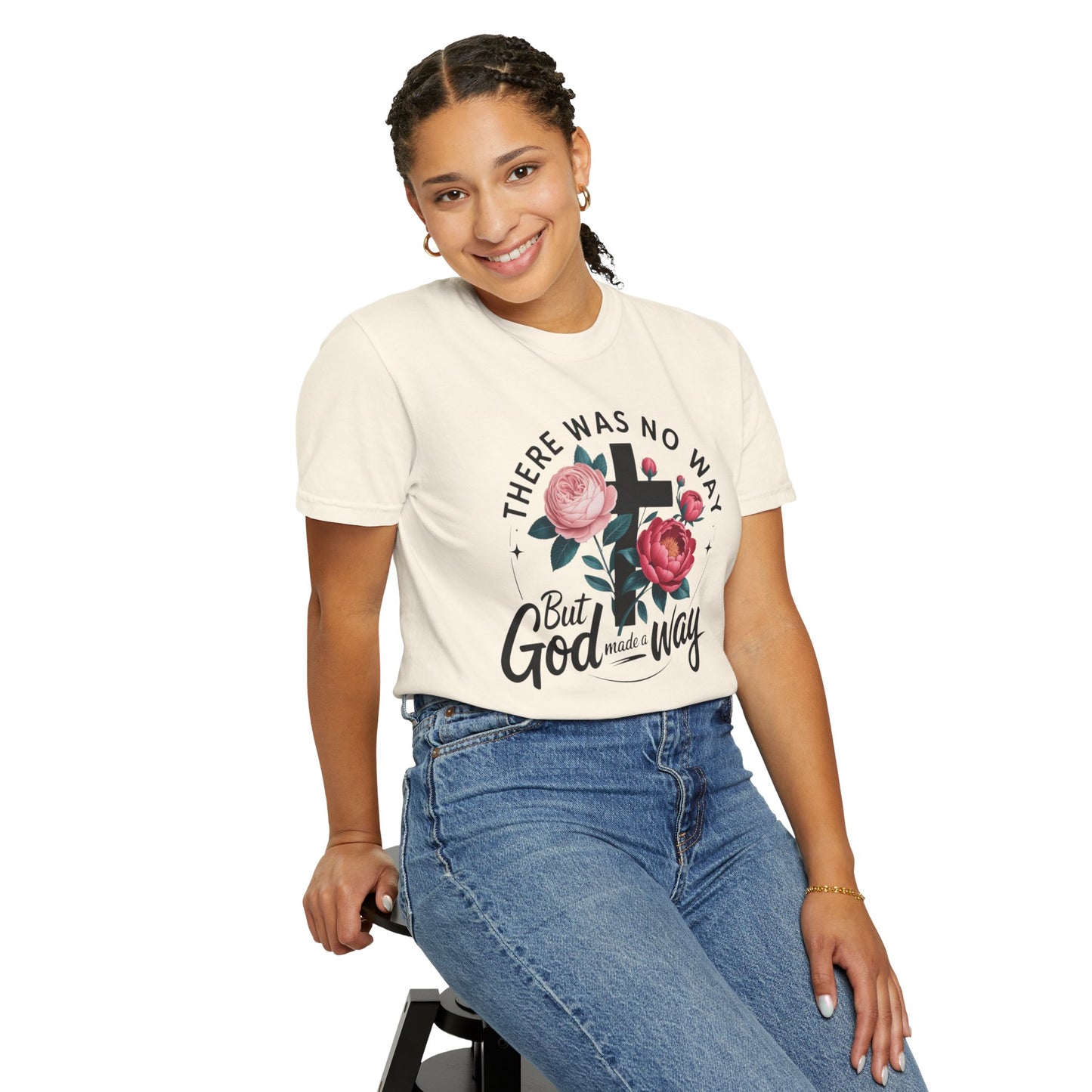 Christian T-Shirt — "There Was No Way But God Made A Way" Floral Cross