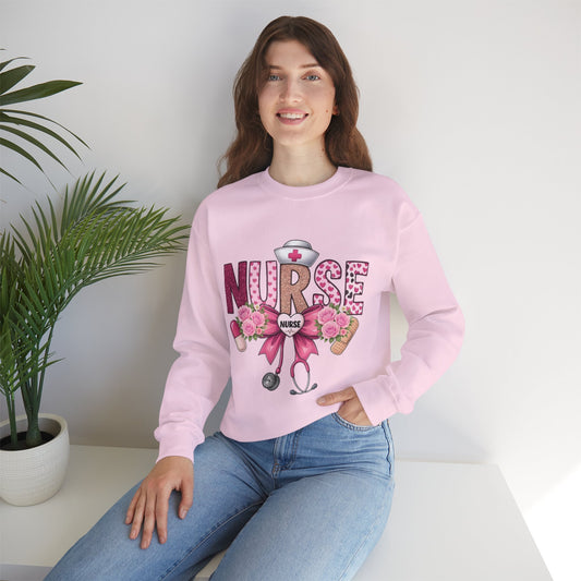 Pink Floral Nurse Crewneck Sweatshirt | Stethoscope, Bandage, Nursing Theme