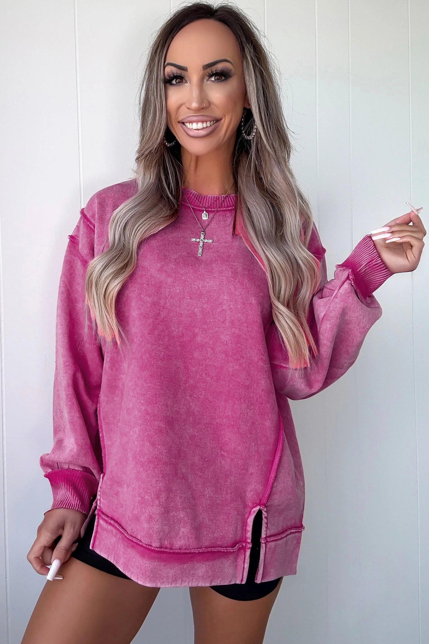 Rose Red Mineral Wash Exposed Seam Side Slit Sweatshirt
