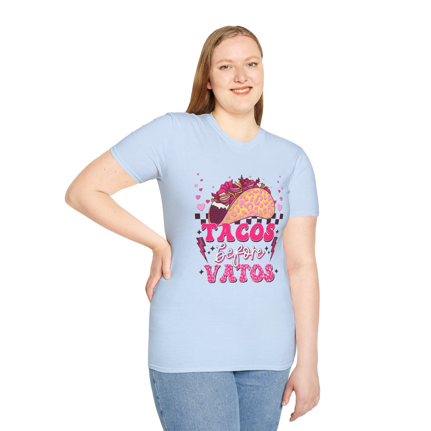 T-Shirt — "Tacos Before Vatos" Cute Pink Taco Graphic Tee