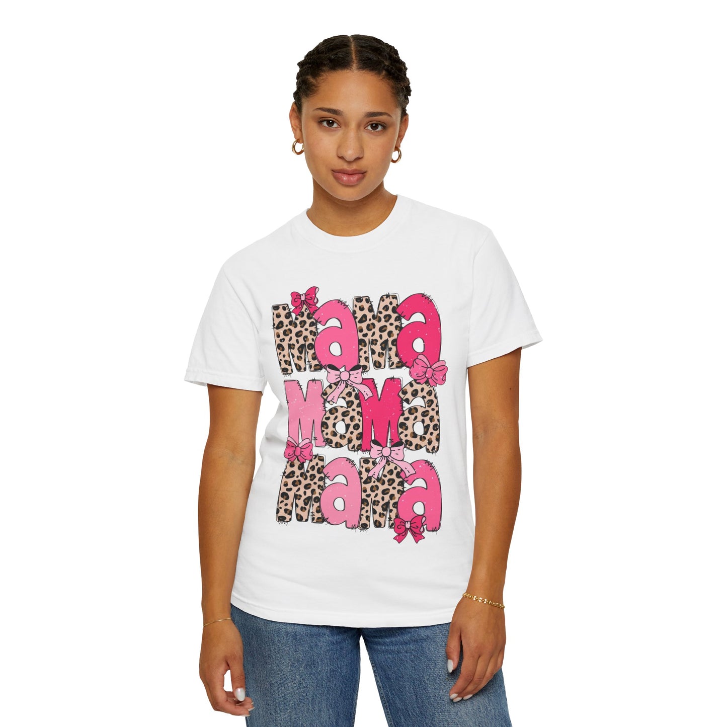 Mama Leopard Print Pink Bow T-Shirt