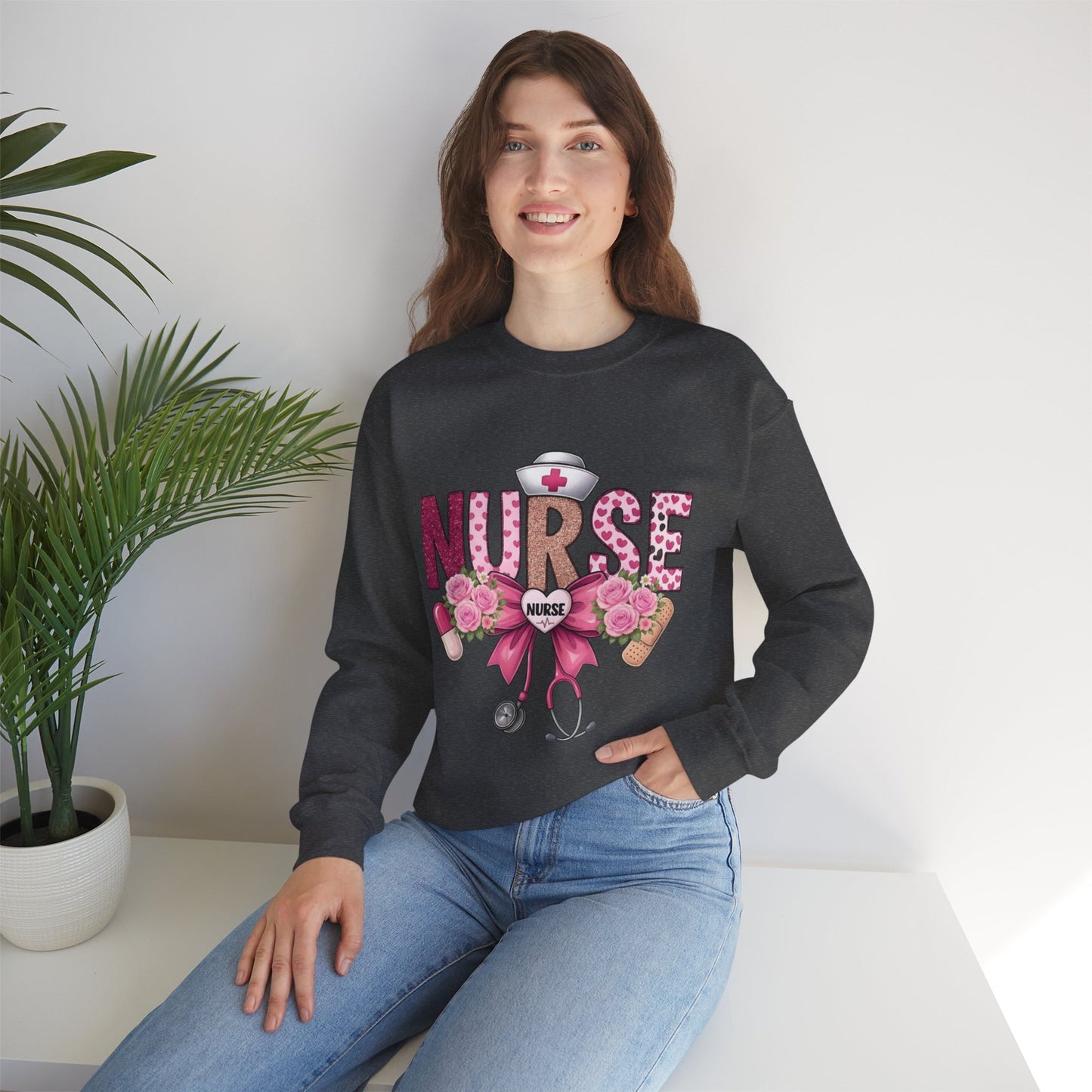 Pink Floral Nurse Crewneck Sweatshirt | Stethoscope, Bandage, Nursing Theme