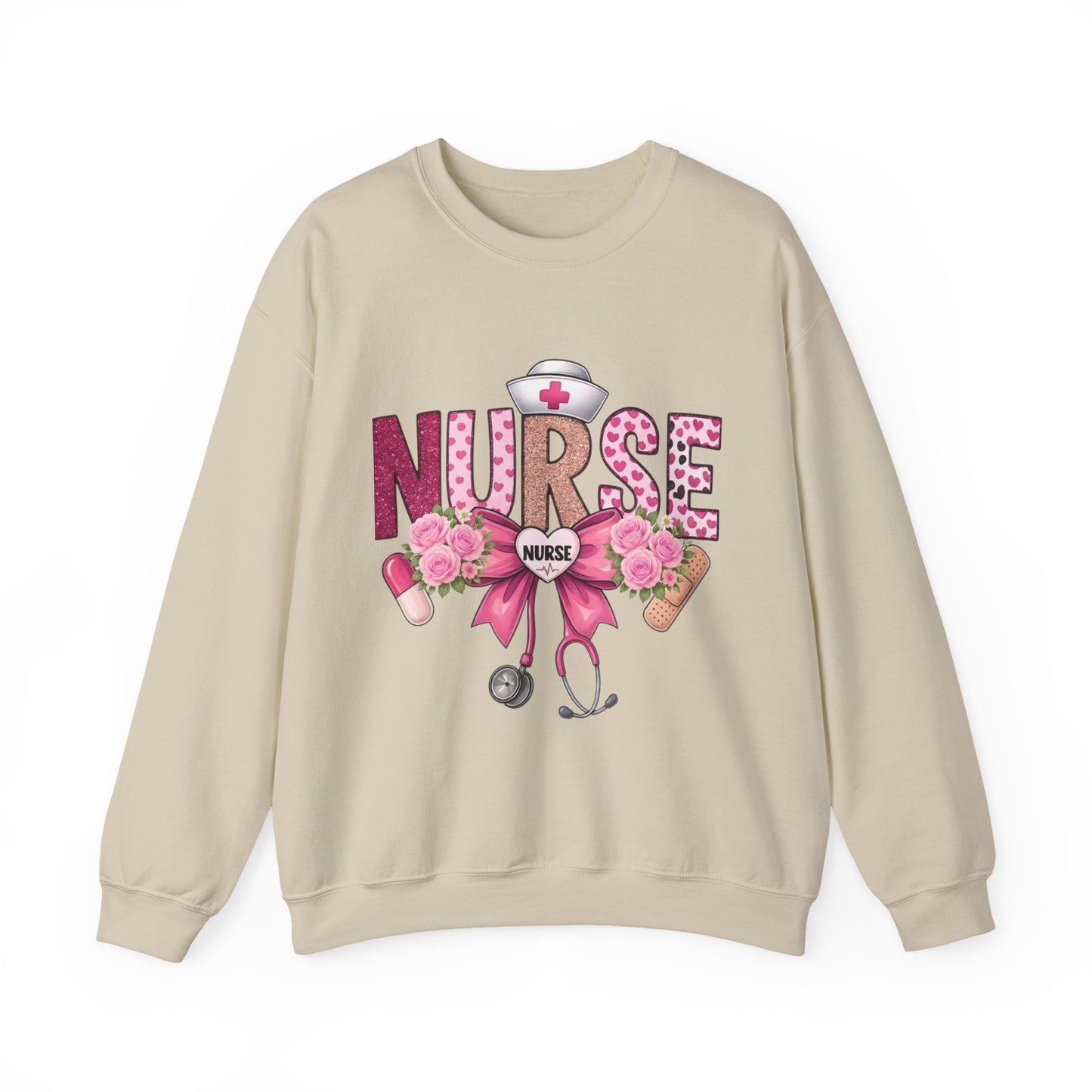 Pink Floral Nurse Crewneck Sweatshirt | Stethoscope, Bandage, Nursing Theme