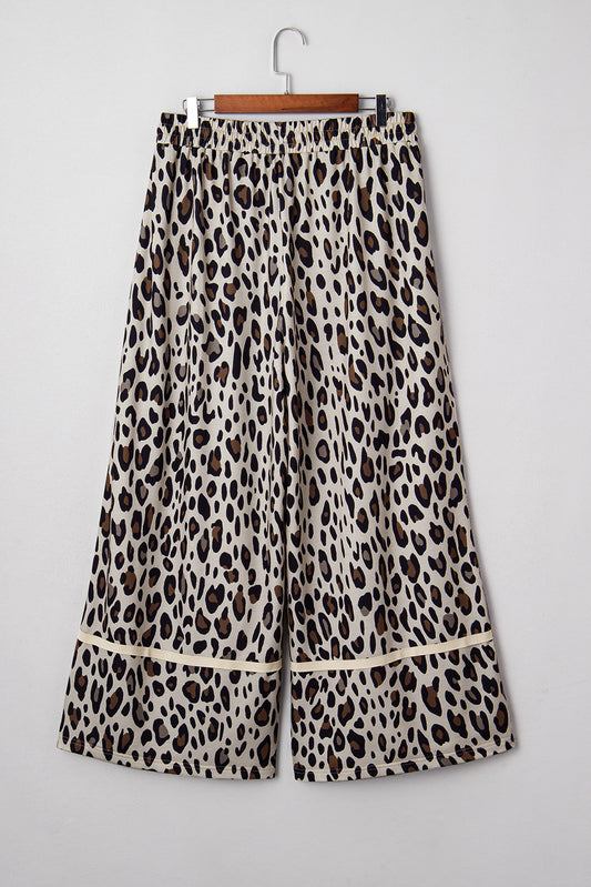 Khaki Exposed Seam Patched Pocket Plus Size Leopard Wide Leg Pants