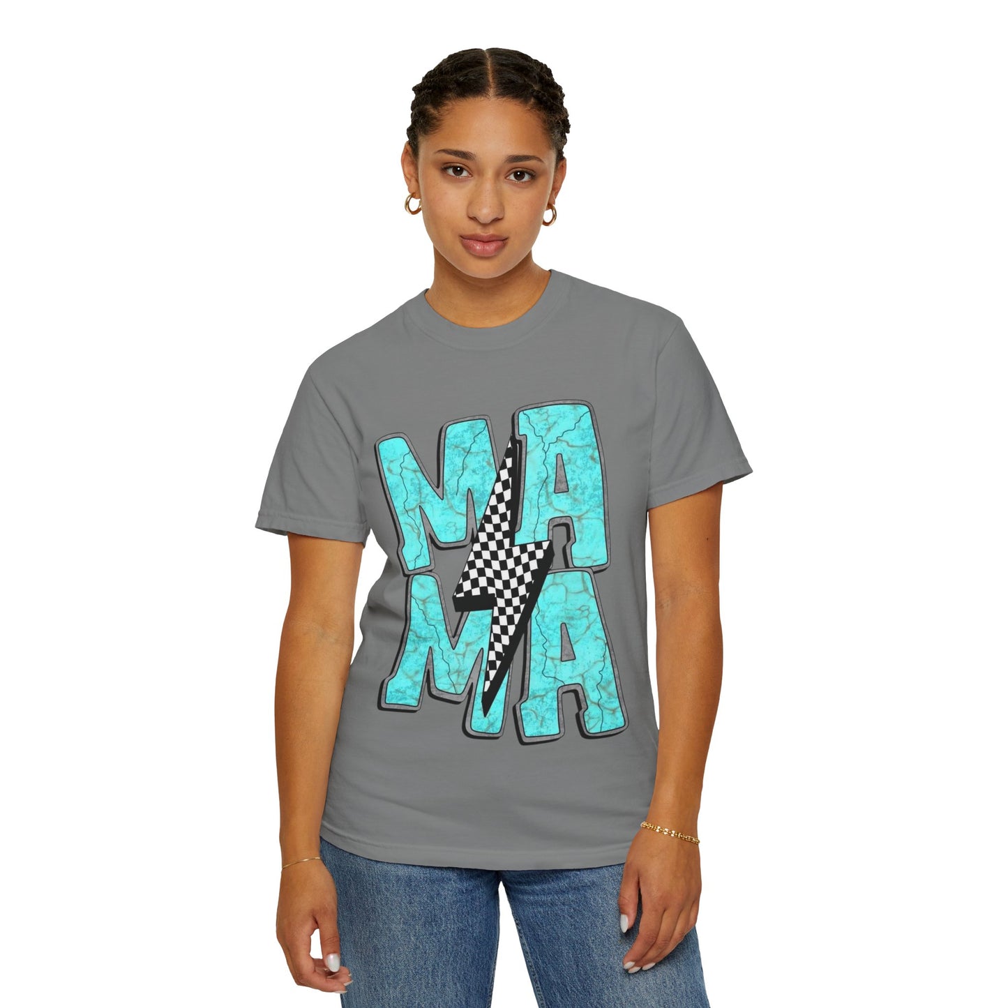MAMA Lightning Bolt T-Shirt | Checkerboard, Aqua Marble Text