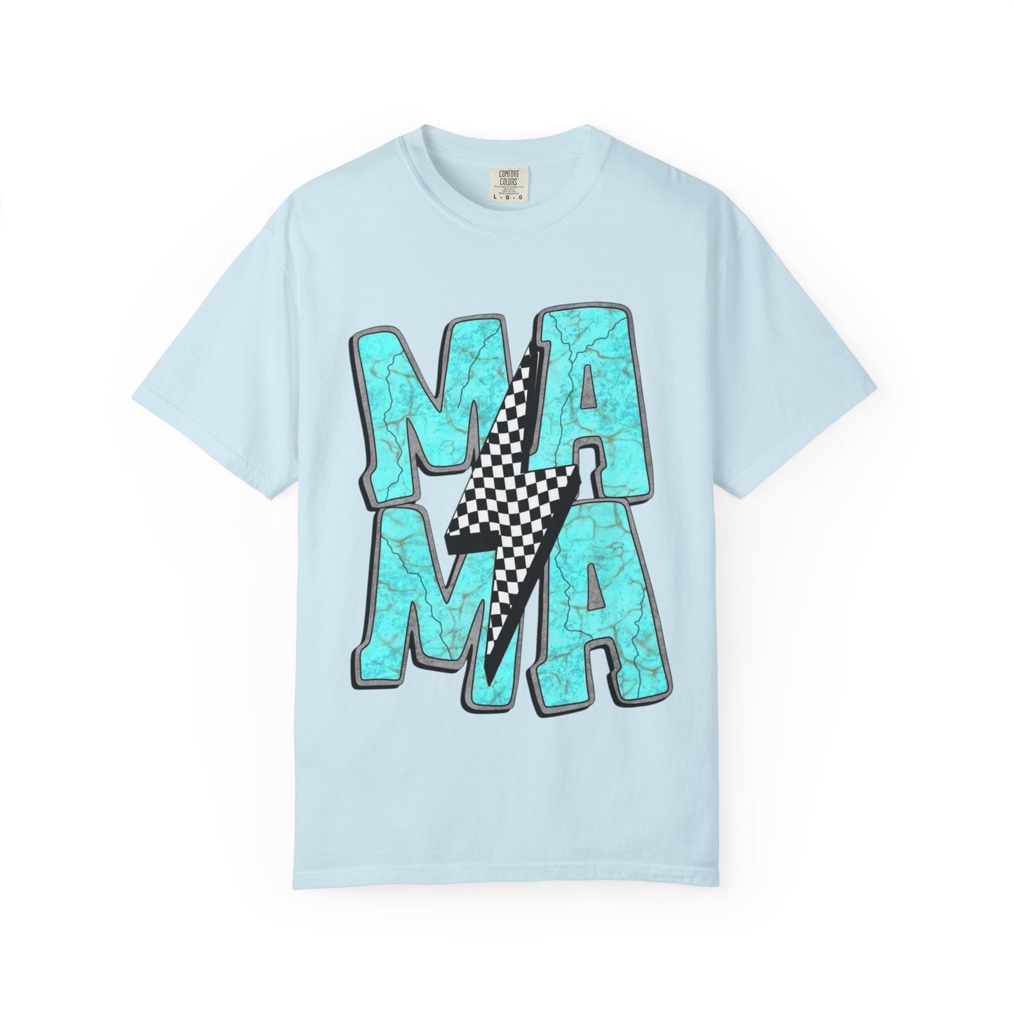 MAMA Lightning Bolt T-Shirt | Checkerboard, Aqua Marble Text