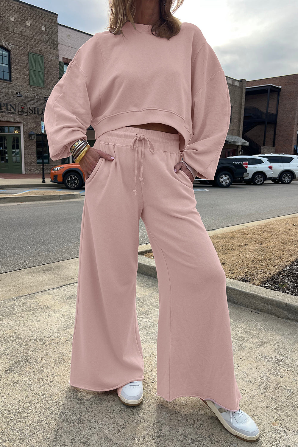 Light Pink Drop Shoulder Crop Pullover Drawstring Wide Leg Pants Set