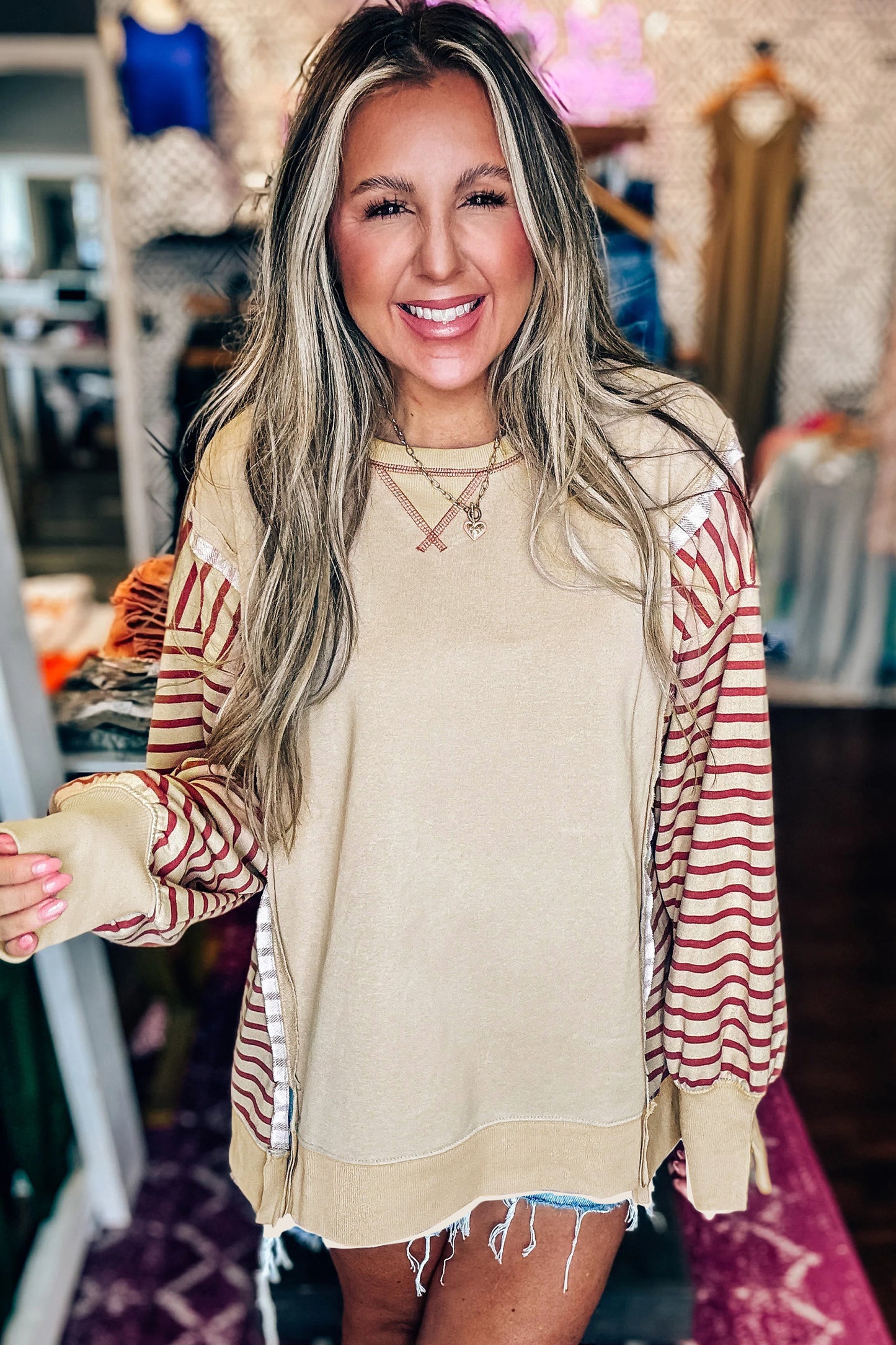 Red Stripe Sleeve Patchwork Casual Knit Top