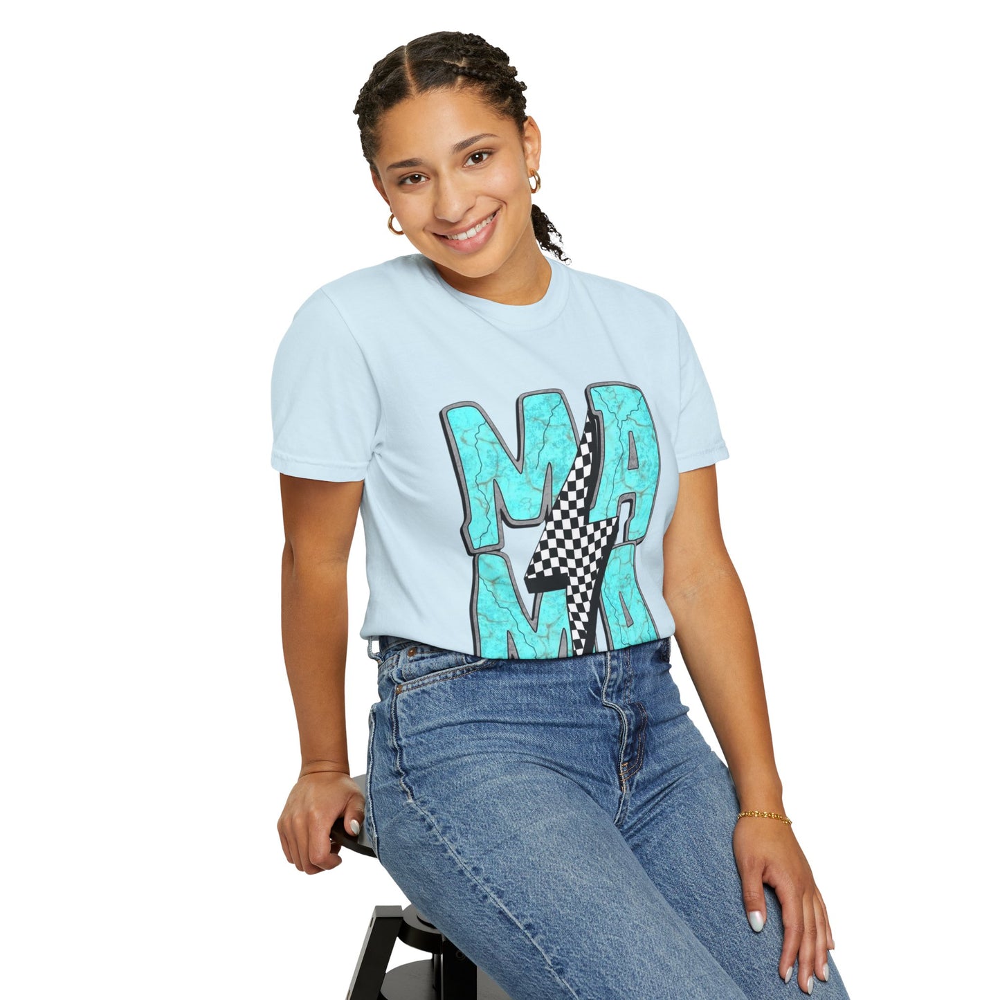 MAMA Lightning Bolt T-Shirt | Checkerboard, Aqua Marble Text