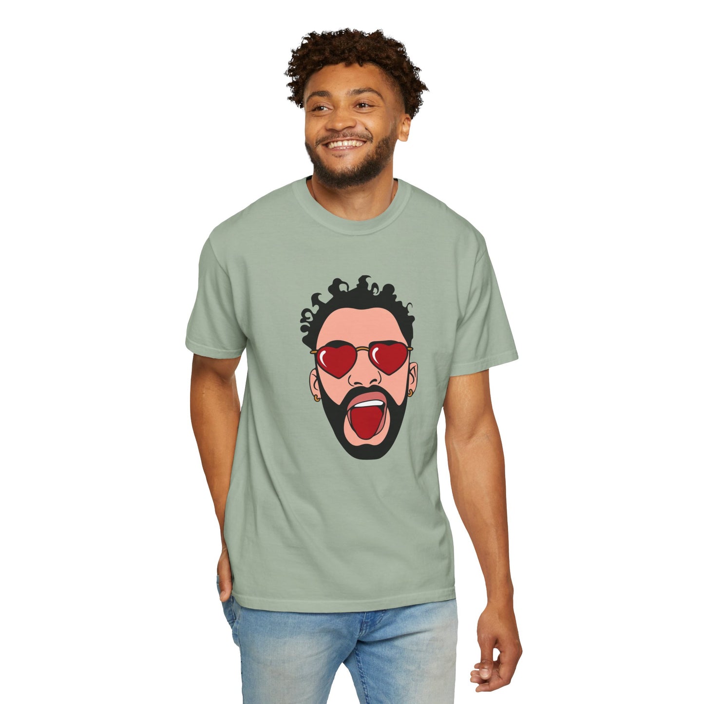 Graphic T-Shirt — Bold Pop Art Face with Heart Sunglasses