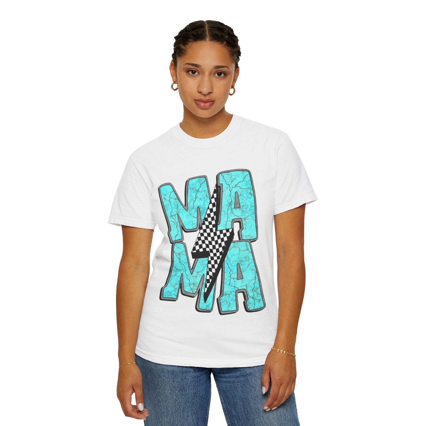 MAMA Lightning Bolt T-Shirt | Checkerboard, Aqua Marble Text