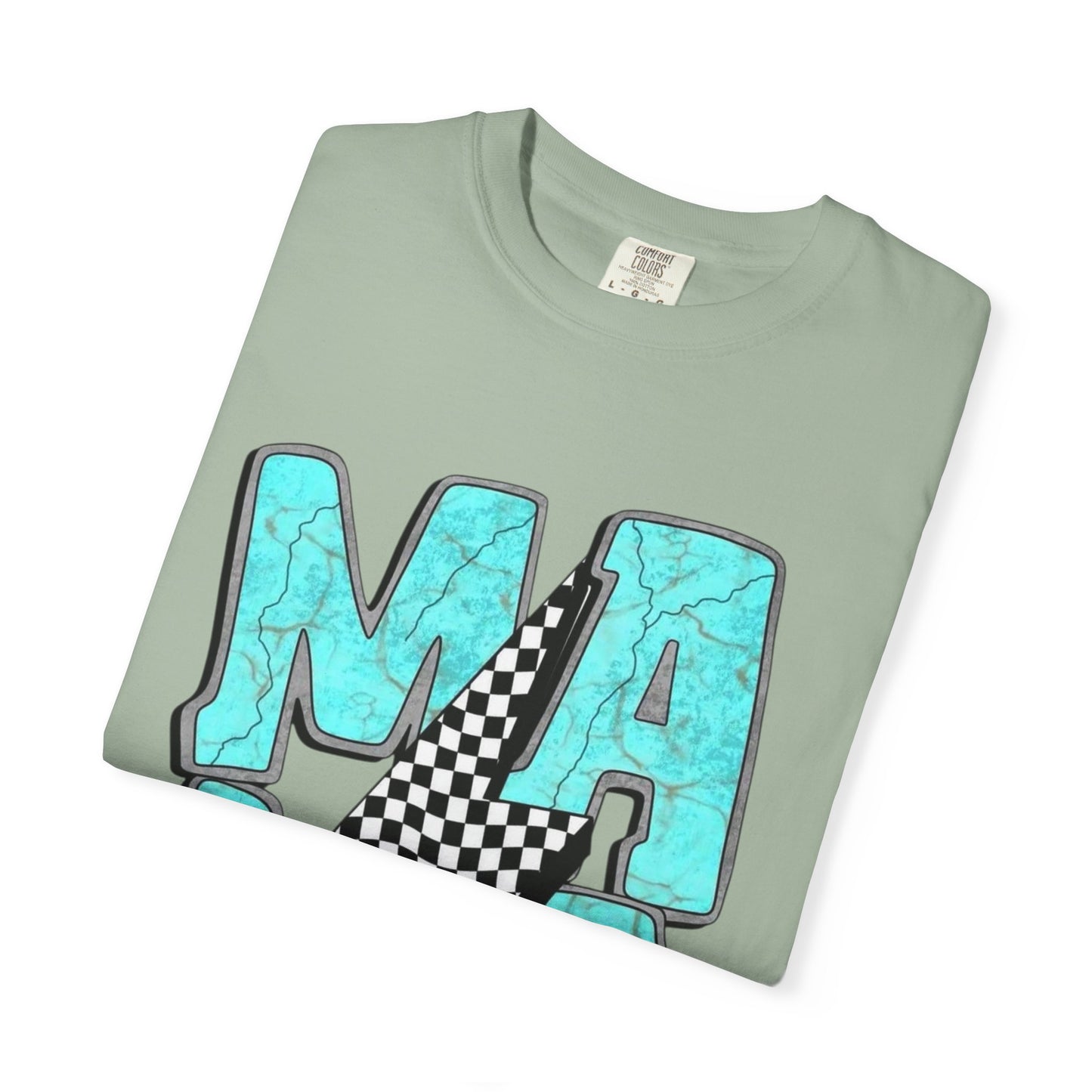MAMA Lightning Bolt T-Shirt | Checkerboard, Aqua Marble Text