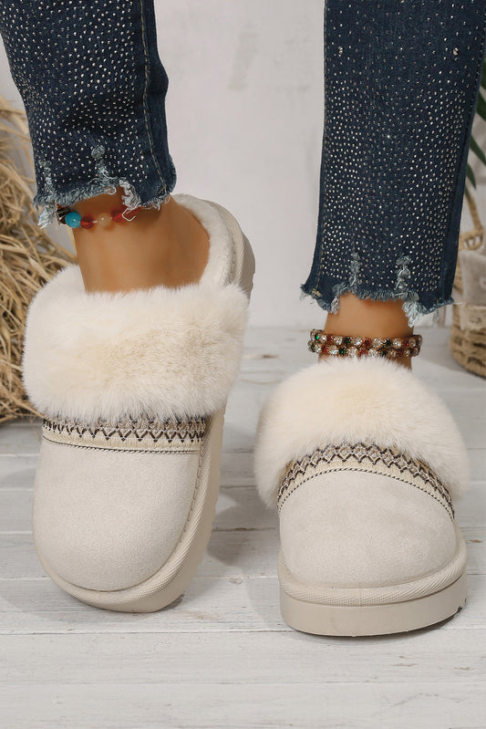 White Suede Fuzzy Winter Warm Platform Slippers