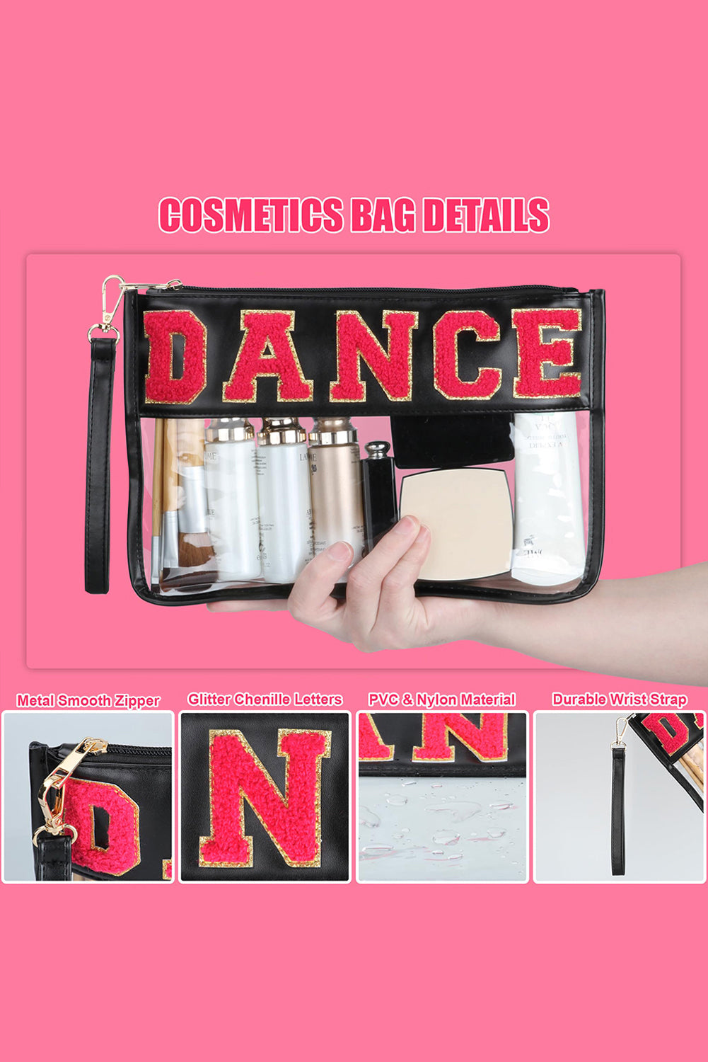 Black Dance Chenille Letter Zipper Varsity Clear Makeup Bag