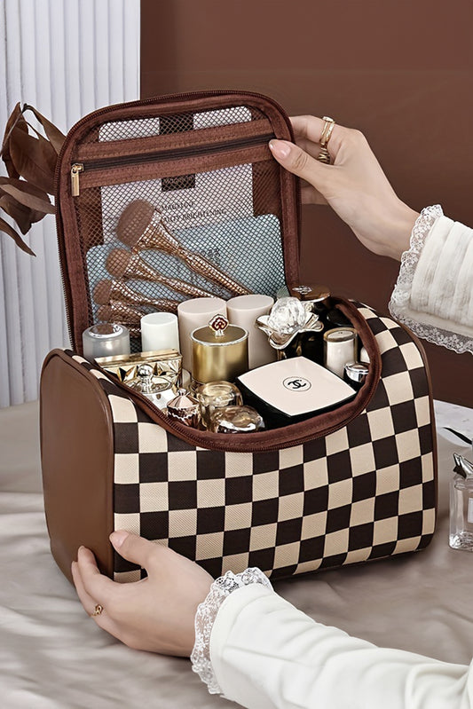 Checkered Zipper Large Cosmetic Bag with Handle