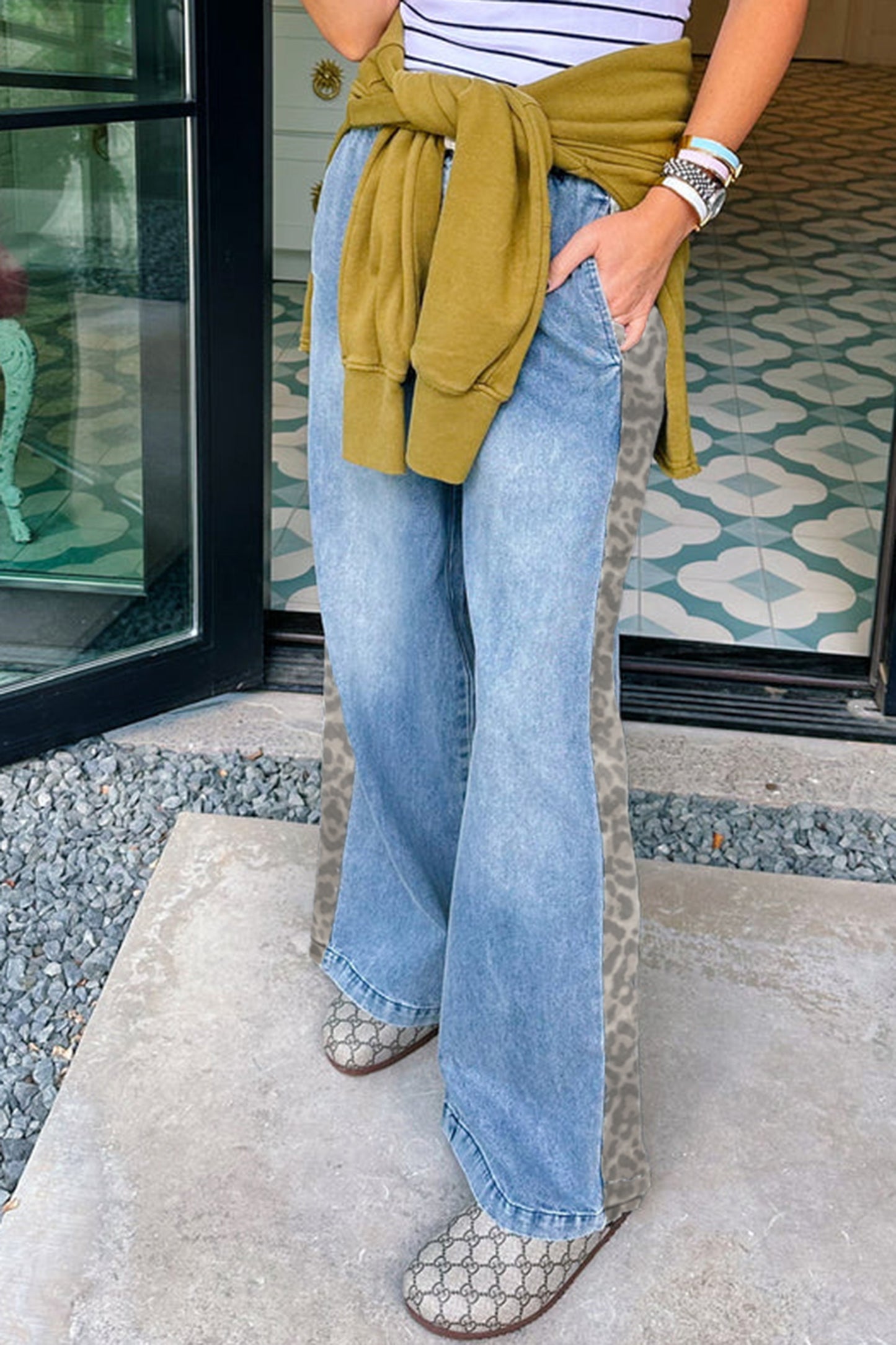 Beau Blue Drawstring Elastic Waist Leopard Striped Side Panel Wide Leg Jeans