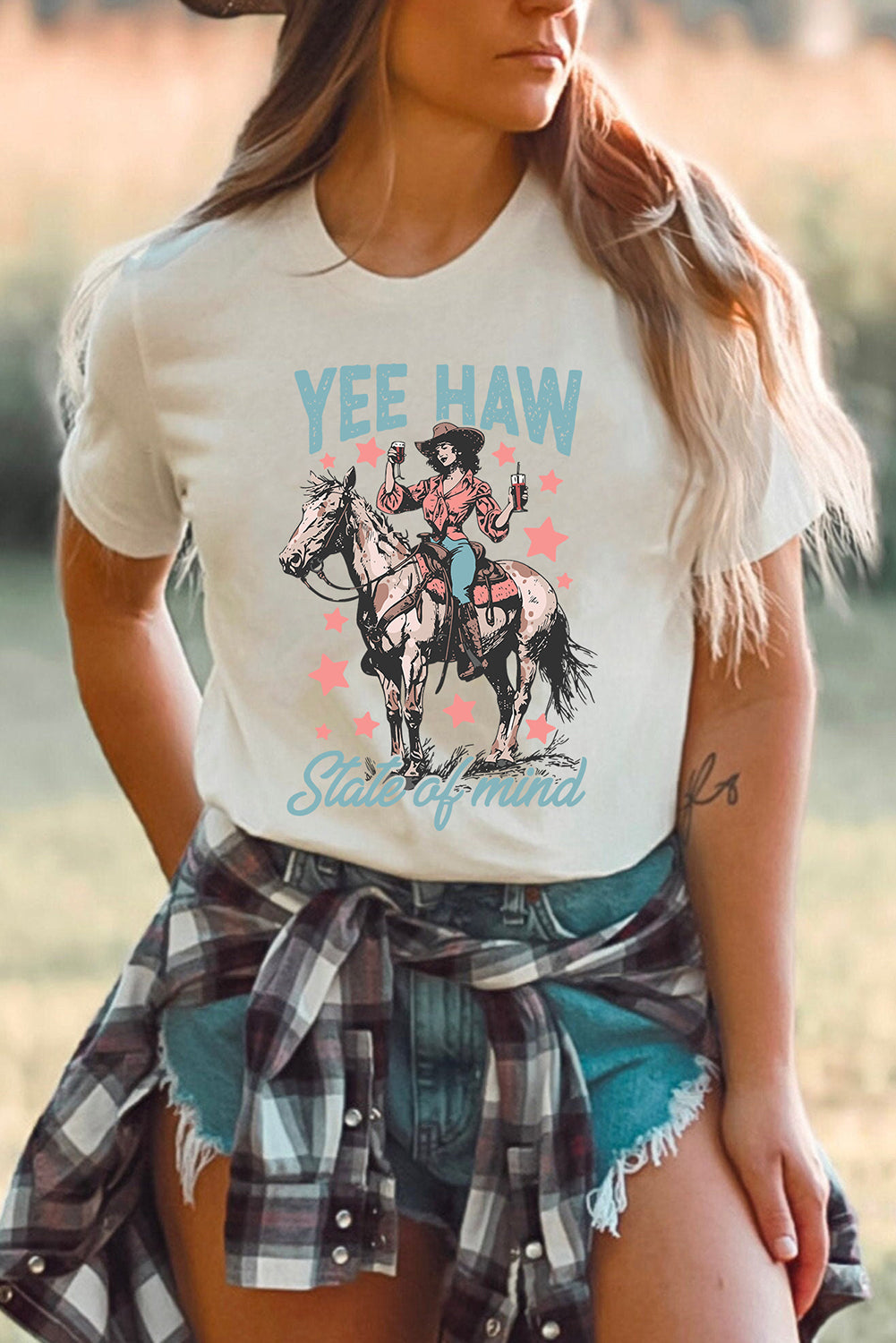 White YEE HAW State of mind Cowgirl Graphic Western Fashion Tee