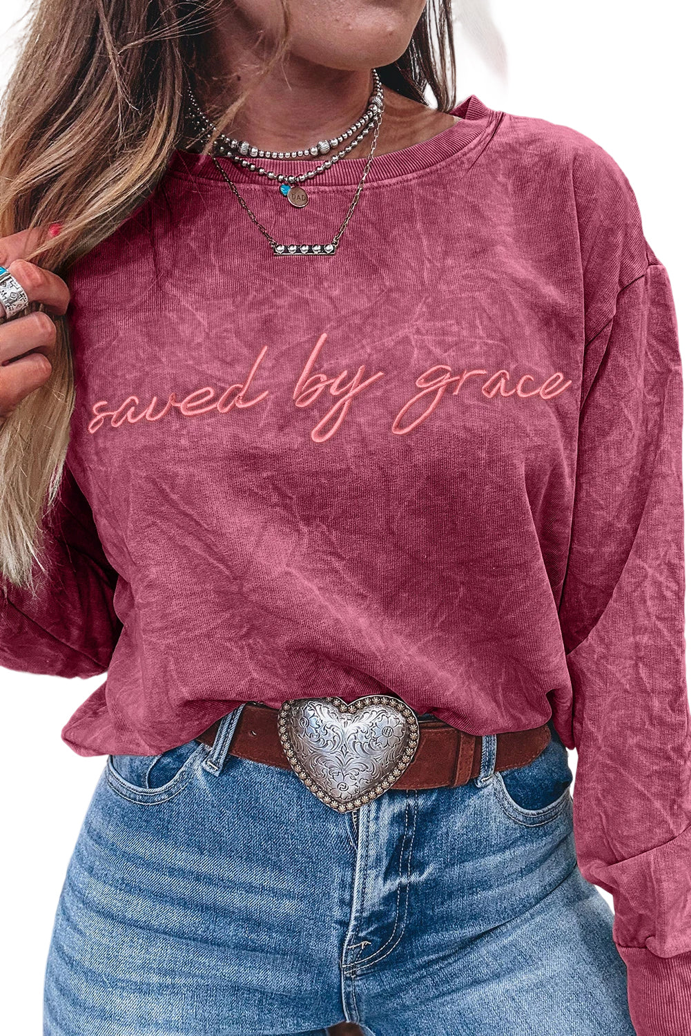 Mineral Red saved by grace Letter Embroidery Mineral Wash Loose Sweatshirt