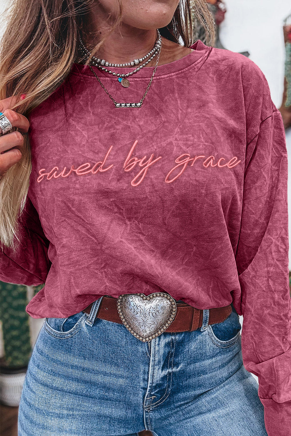Mineral Red saved by grace Letter Embroidery Mineral Wash Loose Sweatshirt