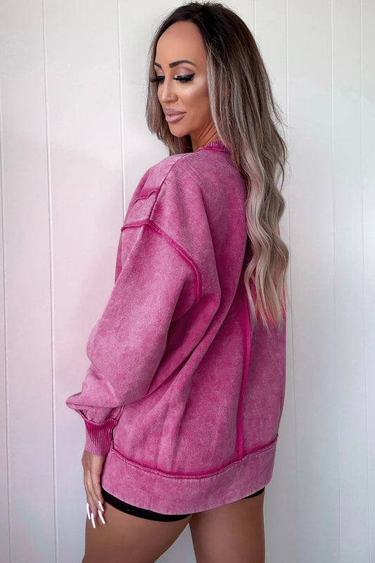Rose Red Mineral Wash Exposed Seam Side Slit Sweatshirt